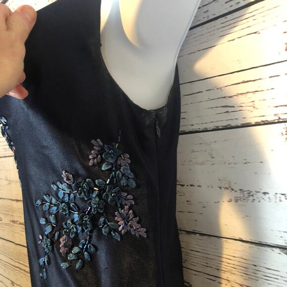 Y2K Alex Evenings navy beaded slip cowl neck floral satin formal Gown small - Picture 9 of 16